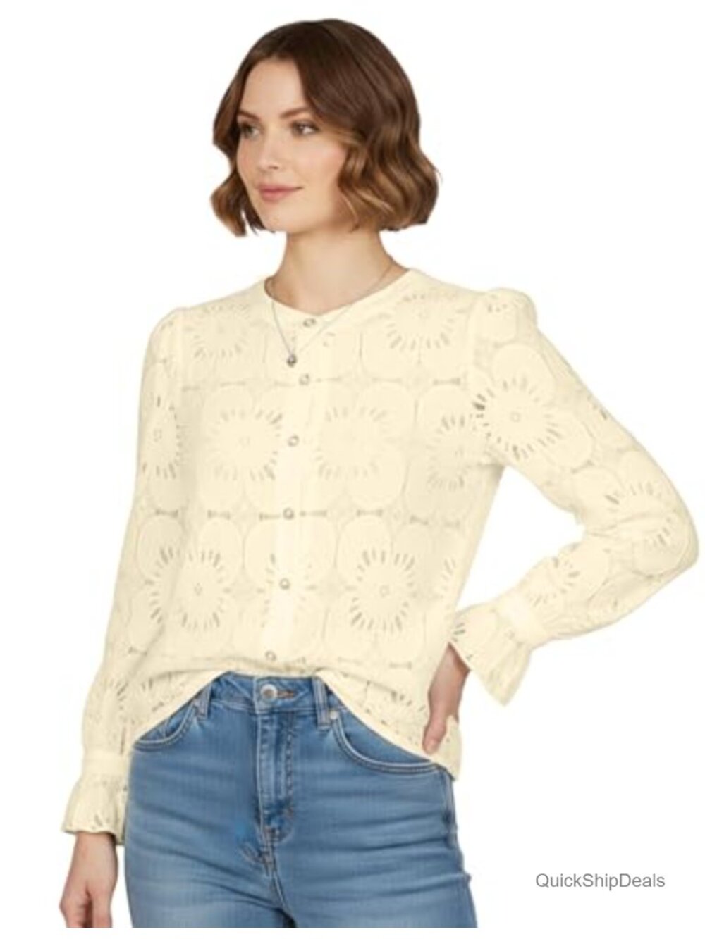 Lace Eyelet Button Up Blouse Long Sleeve Embroidered Top